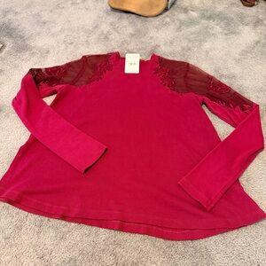 Free People Burgundy Long Sleeve Top with Lace